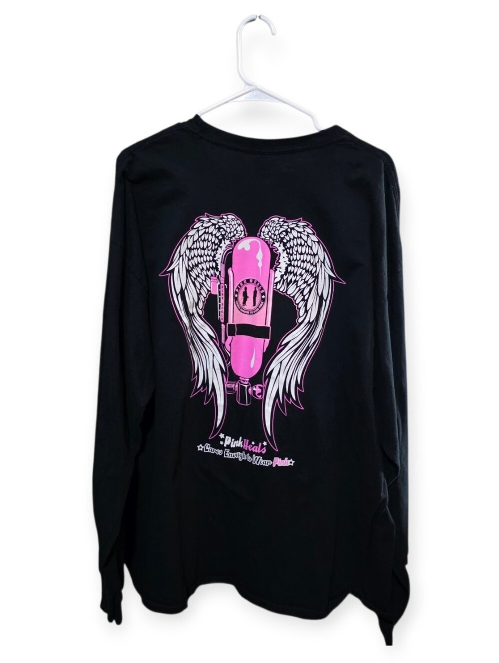 Pink Heals Black Unisex Long Sleeve Graphic T-Shirt 2XL Breast Cancer Awareness